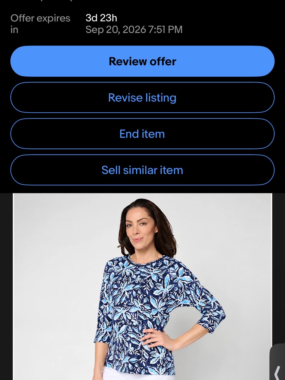 Women's Blue Floral Print 3/4 Sleeve Top